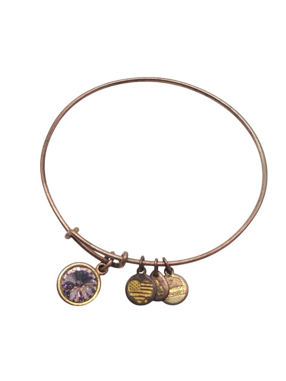 Alex And Ani Adjustable Gold Tone Bangle Bracelet With Charms & Pink Crystal